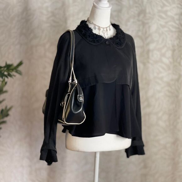 Ju's Black Goth Rosette Collar Lightweight‎ Windbreaker Ulster Coat Size L - Picture 1 of 8